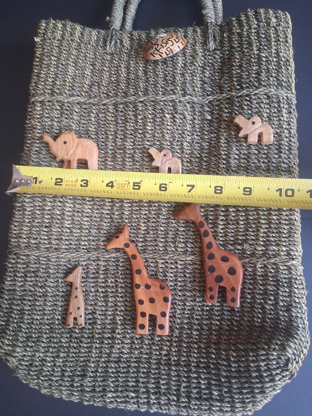 Woven Straw Tote Bag with Wooden Animal Accents - Olive Green - Picture 6 of 7